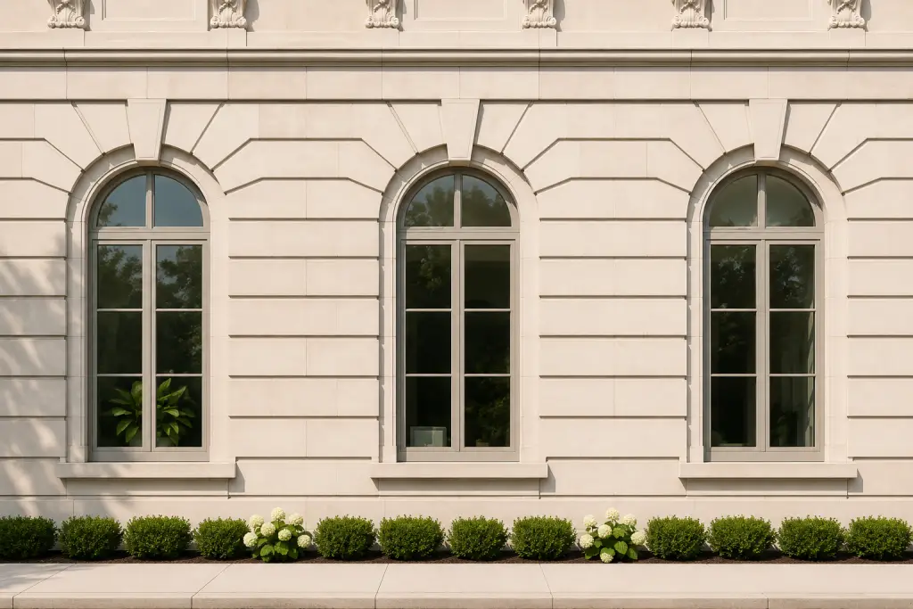 Row of clean arched windows on an elegant stone commercial building with hedges below