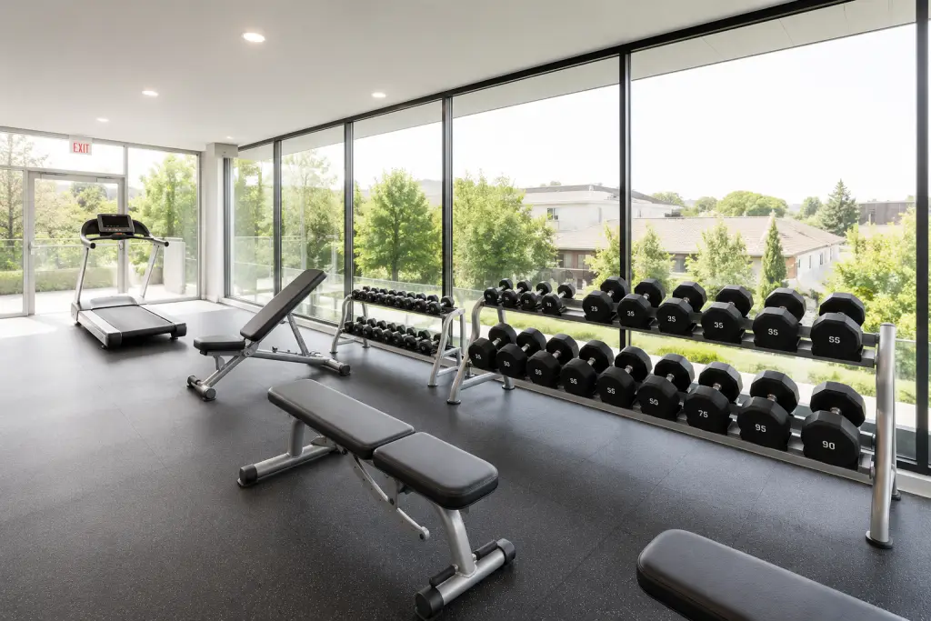 Fitness center with dumbbells, a treadmill, and a floor-to-ceiling window wall overlooking trees