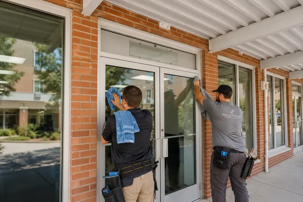 Reflections Window Washing team members cleaning glass storefront entrance doors at a brick commercial building