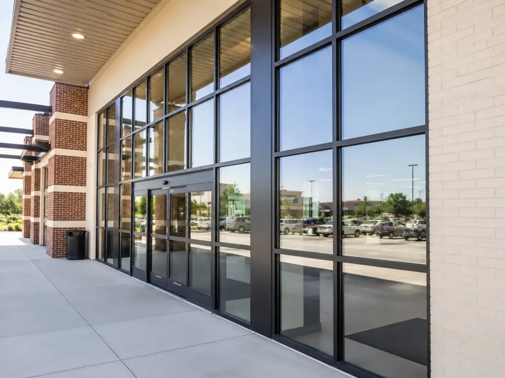 Clean glass storefront windows of a commercial building reflecting the sky and parking lot
