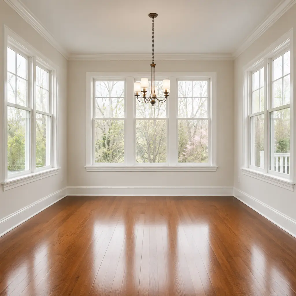 Empty room with polished hardwood floors and a chandelier, lit by natural light through large clean windows overlooking trees