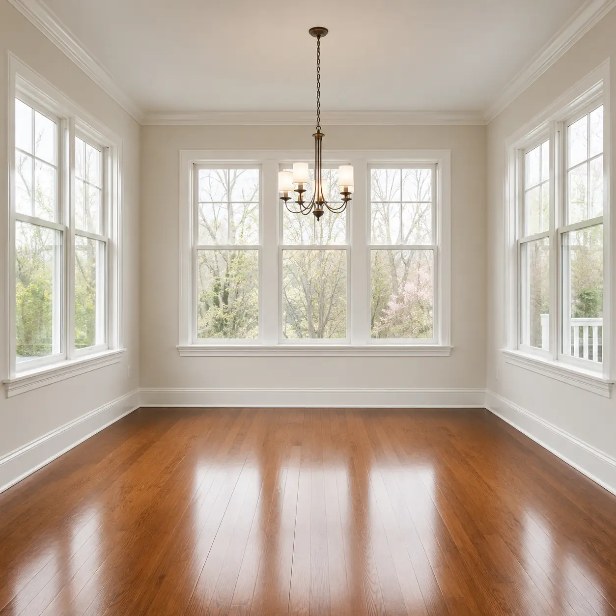 Empty room with polished hardwood floors and a chandelier, lit by natural light through large clean windows overlooking trees