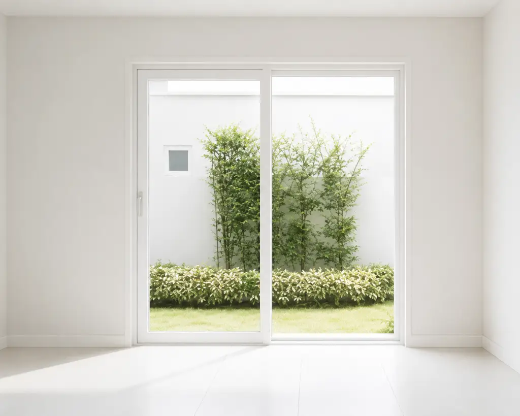 Clean sliding glass patio door in an empty white room overlooking a bamboo garden courtyard