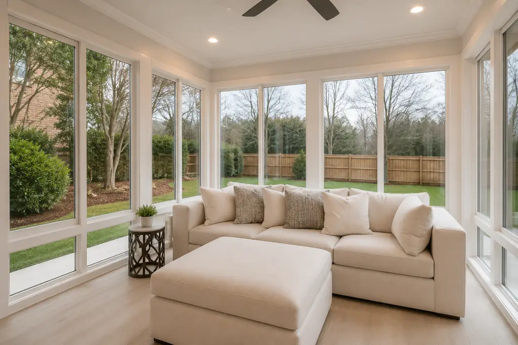 Bright sunroom with floor-to-ceiling clean windows, a cream sectional sofa, and a view of the backyard