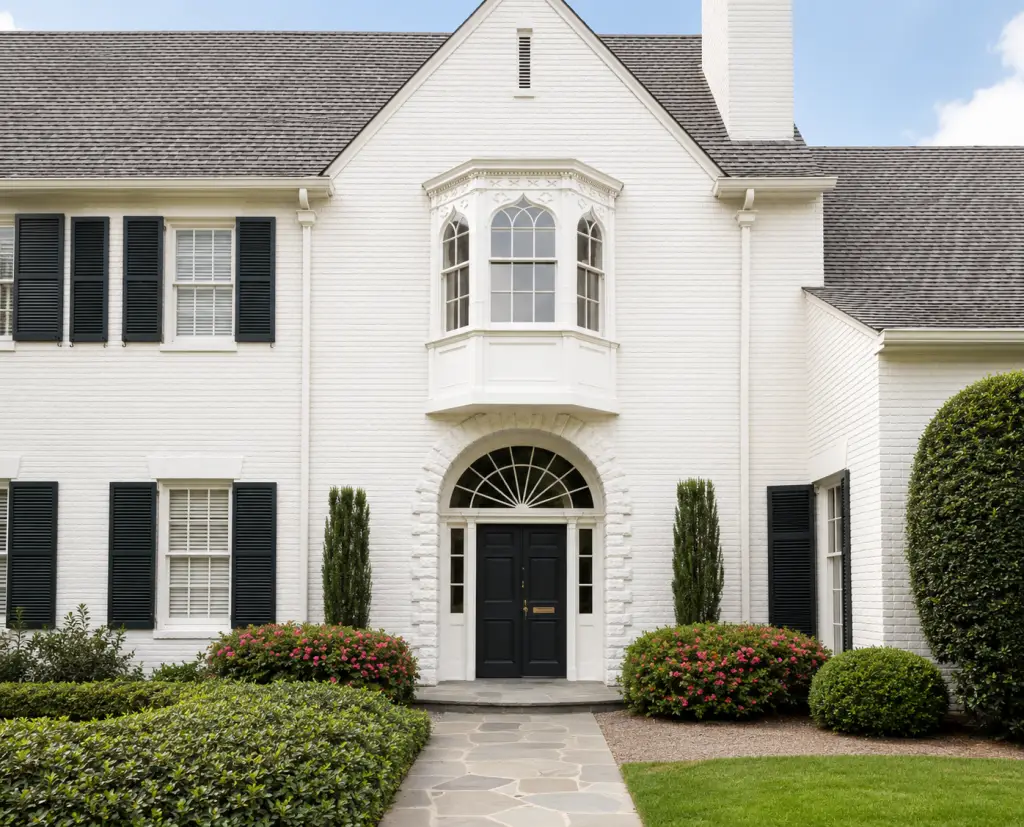 White two-story home with black shutters, a bay window, and a black front door showing clean, sparkling windows