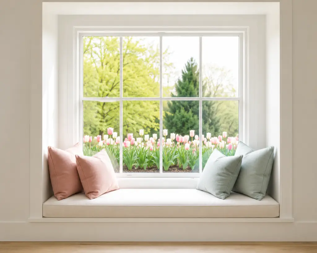 Clean window seat with pink and sage pillows overlooking a spring tulip garden through a spotless window