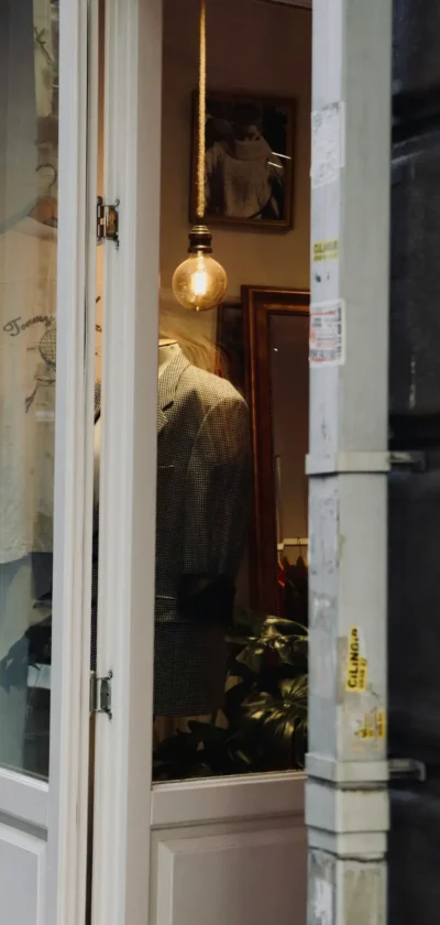 Clean glass retail storefront window and door showing a lit clothing display inside