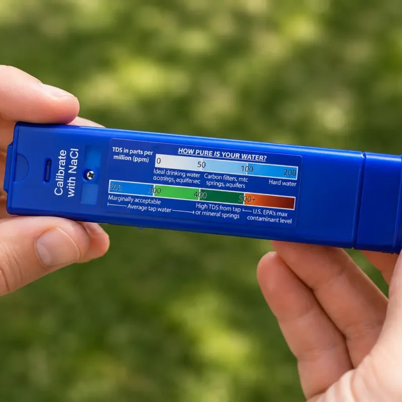 Hands holding a blue TDS meter displaying a water purity chart used to test pure water for spot-free window cleaning